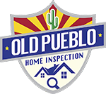 Old Pueblo Home Inspection logo featuring an Arizona sunburst, saguaro cactus, house roofline, and magnifying glass.